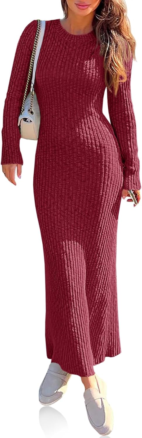 Wenrine Womens Sweater Maxi Dress Long Sleeve Knit Ribbed Crew Neck Slim Fit Casual Fall Long Dresses