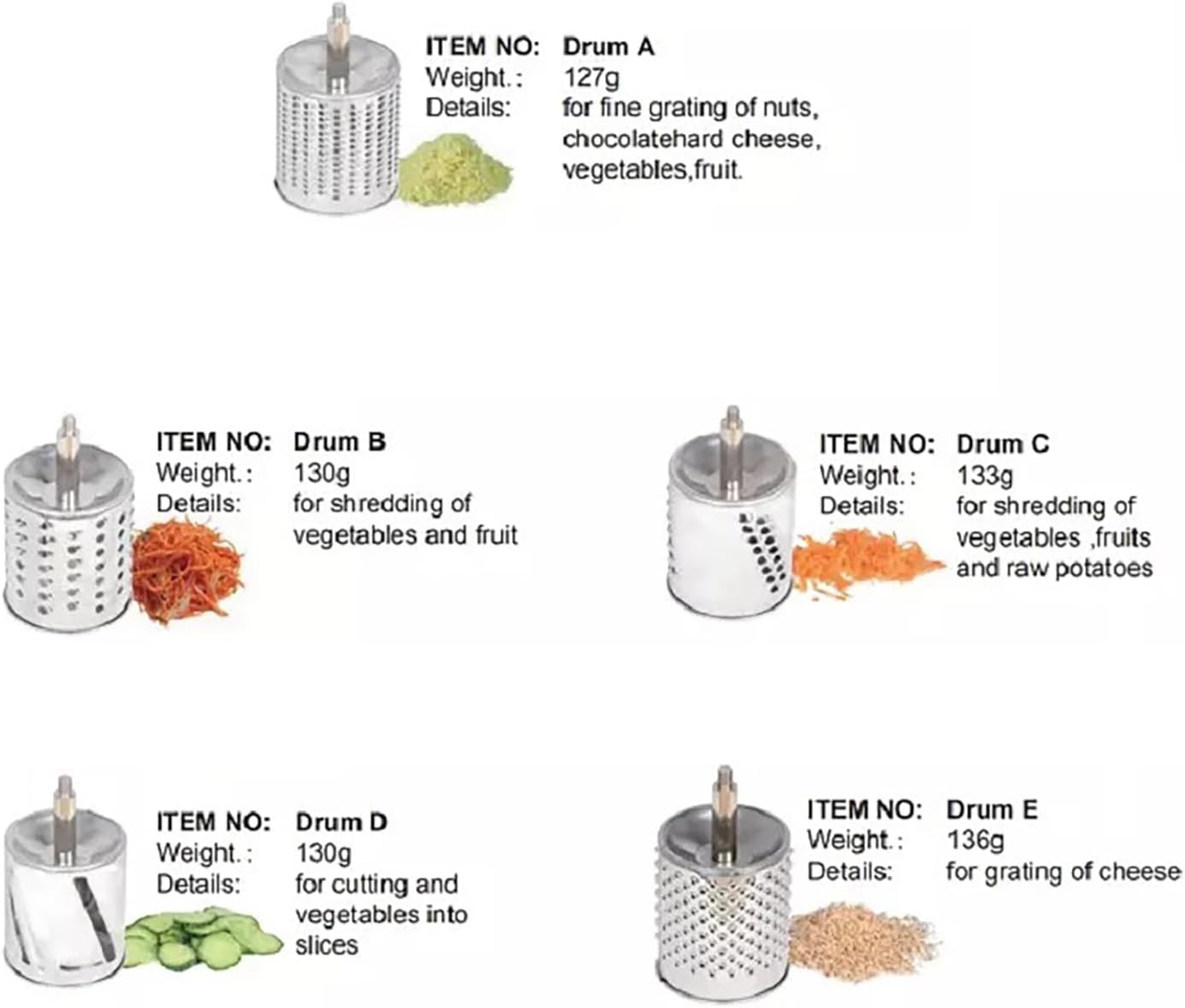 Stainless steel rotary vegetable and cheese grater and potato slicer with 5 blades; dishwasher safe.