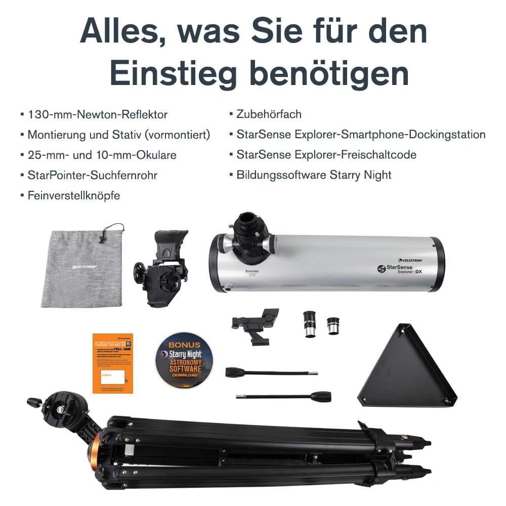 Celestron StarSense Explore DX 130 Newton-Reflektorteleskop, Smartphone-App-fähig, inklusive Okulare, Halterung, Stativ