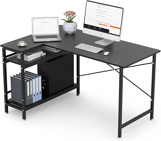 Amazon Co Jp パソコンデスク L字型 幅130cm Dewelコーナーデスク 左右入替え 収納ラック付き モニターアーム対応 総耐荷重140kg 木製 在宅勤務 組み立て簡単 ワークデスク テレワーク リモートワーク Pcデスク おしゃれ コンパクト ゲーミング ラック付き 作業机 勉強机