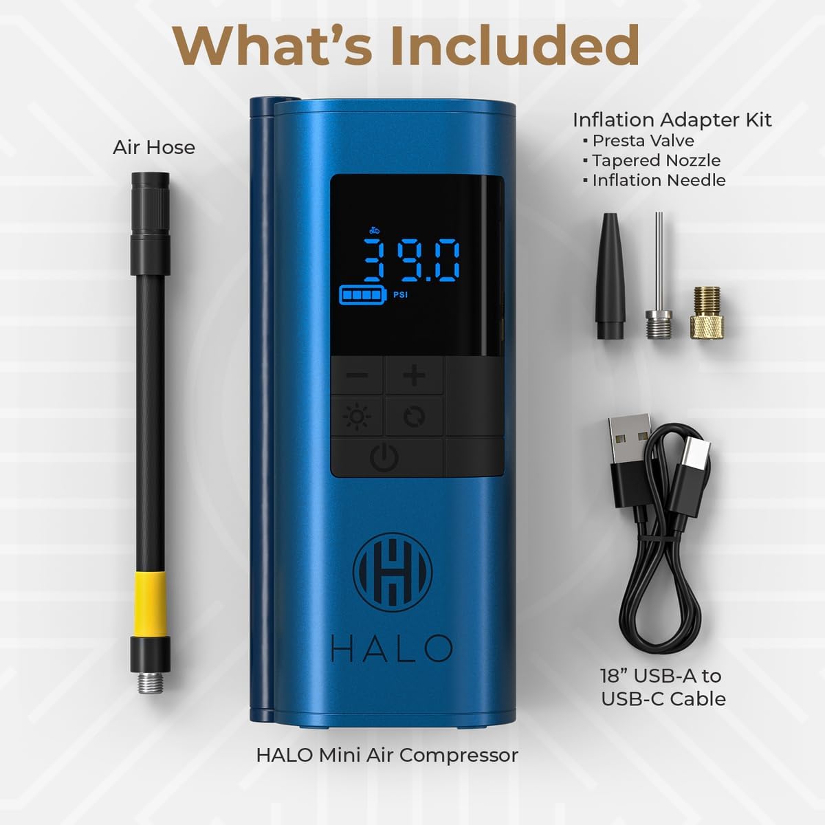 Halo Portable Tire Inflator, Cordless Air Compressor with Digital Display, Up to 150 PSI, USB-C Rechargeable Battery, 3-Mode LED Flashlight for Car Tires, Bikes, Balls and Inflatables - Dusty Blue