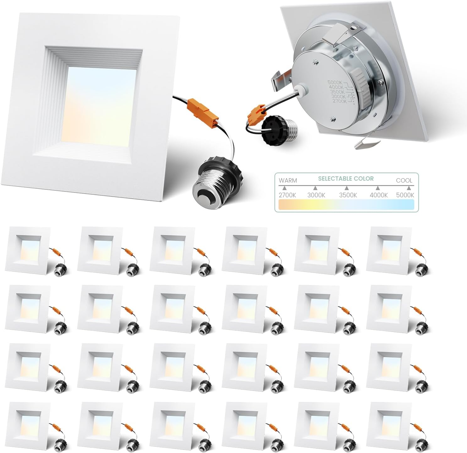 4 Inch Led Recessed Lights Square,Led Downlight Square White,with Baffle Anti-Glare,5CCT 2700K-5000K Dimmable,9W 800LM,ETL & ES(24 Pack)