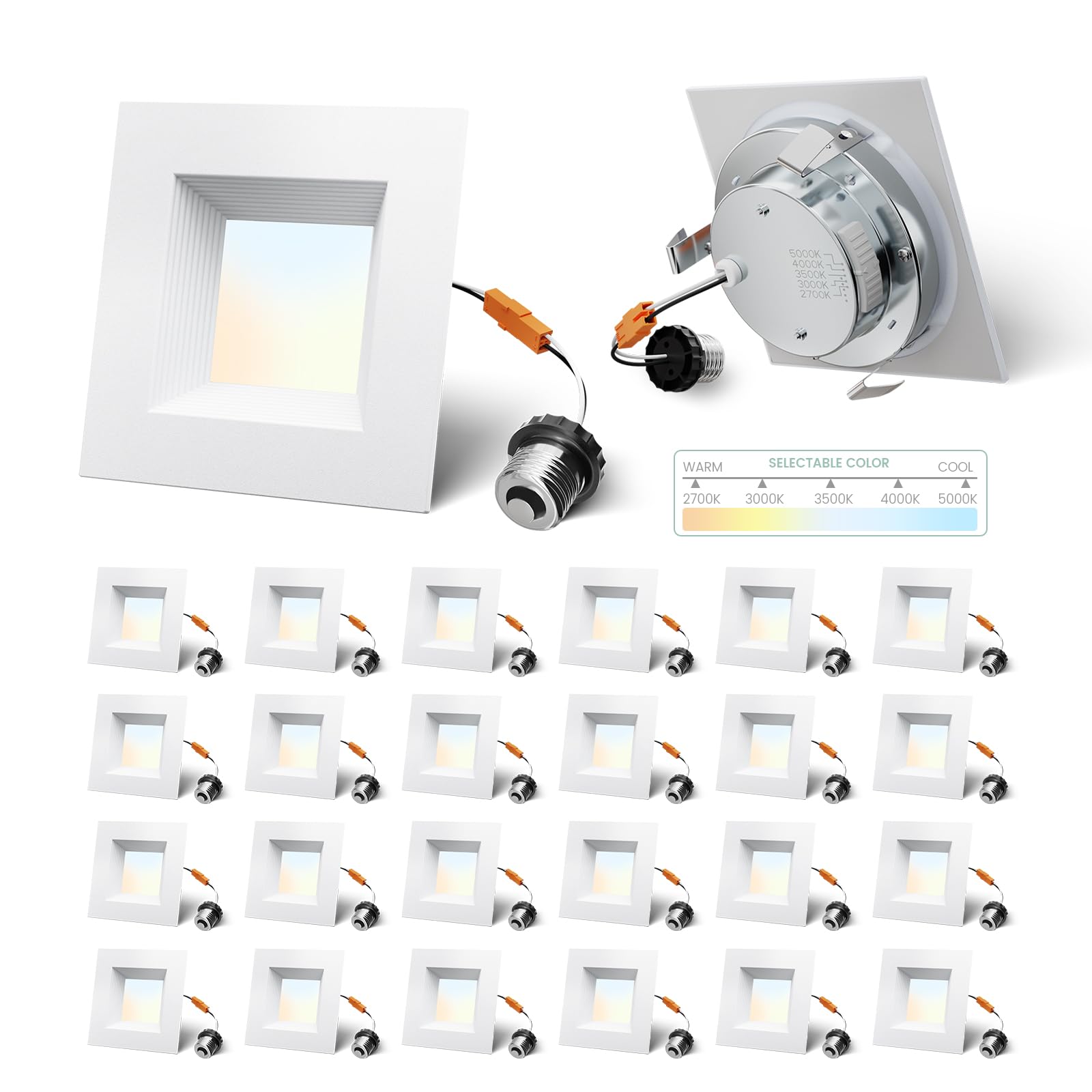 4 Inch Square LED Recessed Lights Dimmable 5CCT Anti-Glare, 9W=800LM ETL Listed (24 Pack)