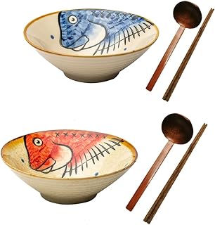 Ceramic Japanese Ramen Bowl Noodles Bowls for Soup Pho Udon Soba Salad Snack Cereal Dishes with Spoons Chopsticks 900ml Gift Set (Red Fish + Blue Fish)