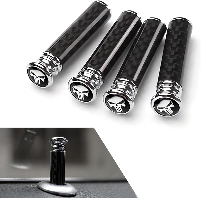 Pinos de trava da porta automotiva Dogary com caveira e acabamento tipo fibra de carbono – 4 unidades