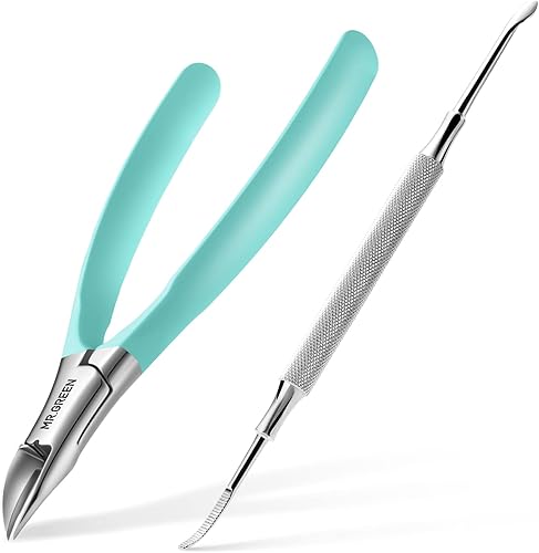MR.GREEN Cortador de uñas de acero inoxidable encarnado, cortador de uñas gruesas y duras, herramientas de manicura de pedicura (verde + removedor