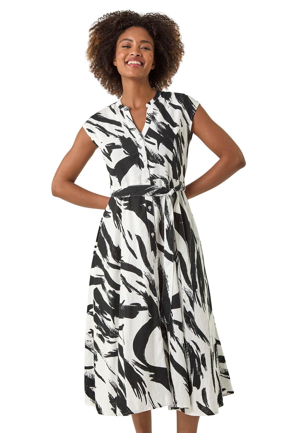 Roman Brushstroke Linen Mix Midi Dress - Black - Sleeveless - V-Neck - Abstract Print