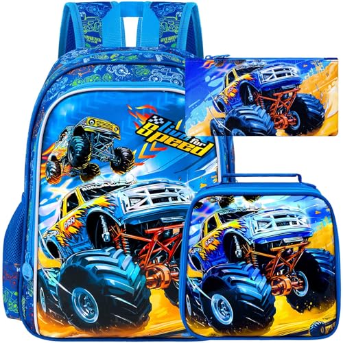 UFNDC Mochila infantil com 3 peças, para meninos, pré-escolar, com lancheira, 40,6 cm, resistente à água, mochila escolar para crianças do ensino fundamental, Nova impressão UV carro azul, One Size,