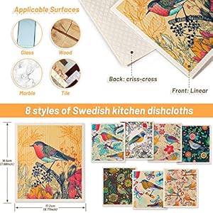 Lucomb 8 Pack Swedish Dishcloths for Kitchen, Reusable Soft Kitchen Towels Dish Cloths Set Absorbent Sponge Cleaning Washable Quick Drying Bar Hand Washing (Birds Flowers) Lucomb 8 Pack Swedish Dishcloths for Kitchen Reusable Soft Kitchen Towels Dish Cloths Set Absorbent Sponge Cleaning Washable Quick Drying Bar Hand Washing Birds Flowers
