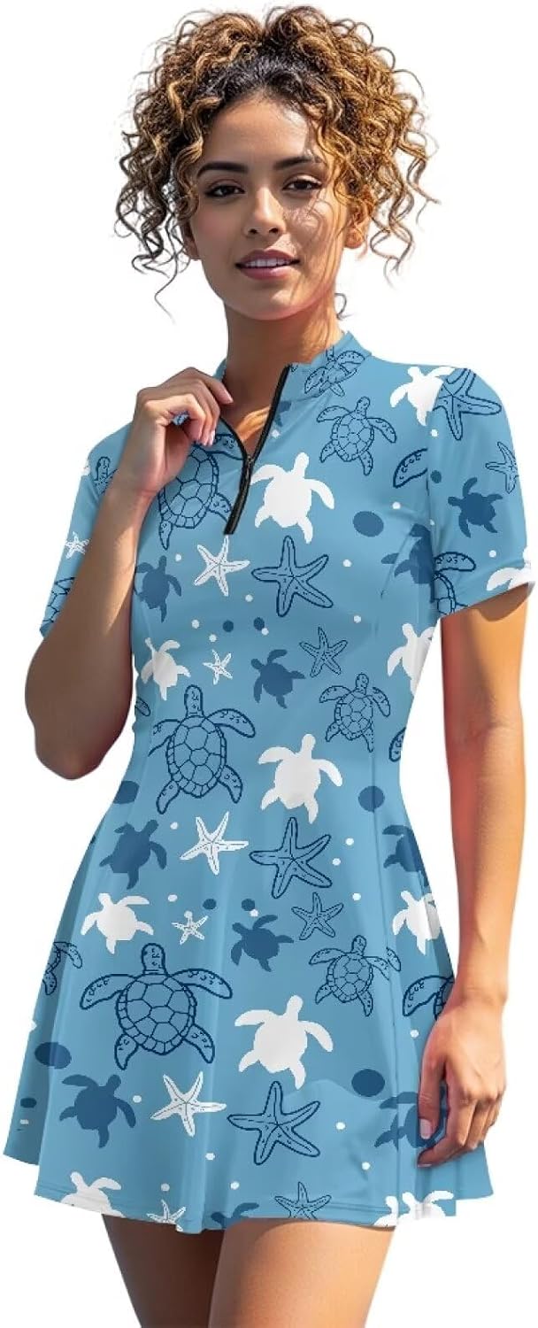 Women's Sporty Dress with Shorts Half Zip Golf Dress Short Sleeve Tennis Dress with Inner Pockets for Golf Tennis