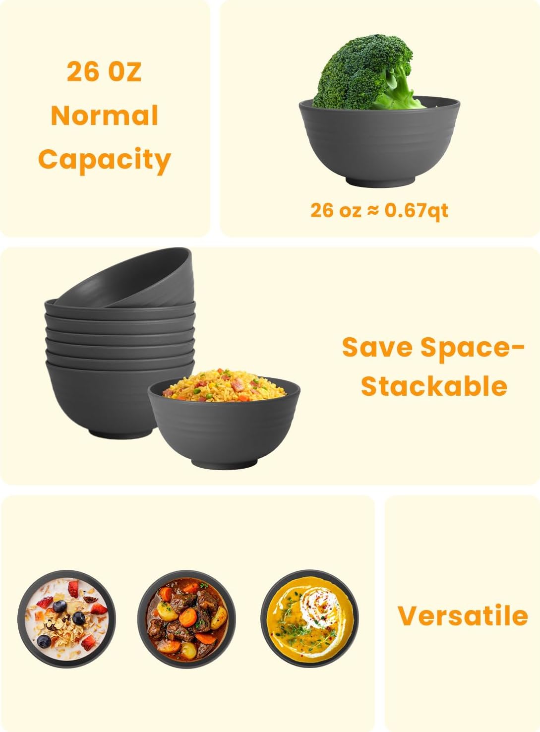 Hoimenly Wheat Straw Bowls for Kitchen, Unbreakable Cereal Bowl Set of 8, 26oz Microwave and Dishwasher Safe Bowls Set for Party, Camping, Alternatives to Plastic Bowl, Stackable Soup Bowls(Dark Grey) - Image 4