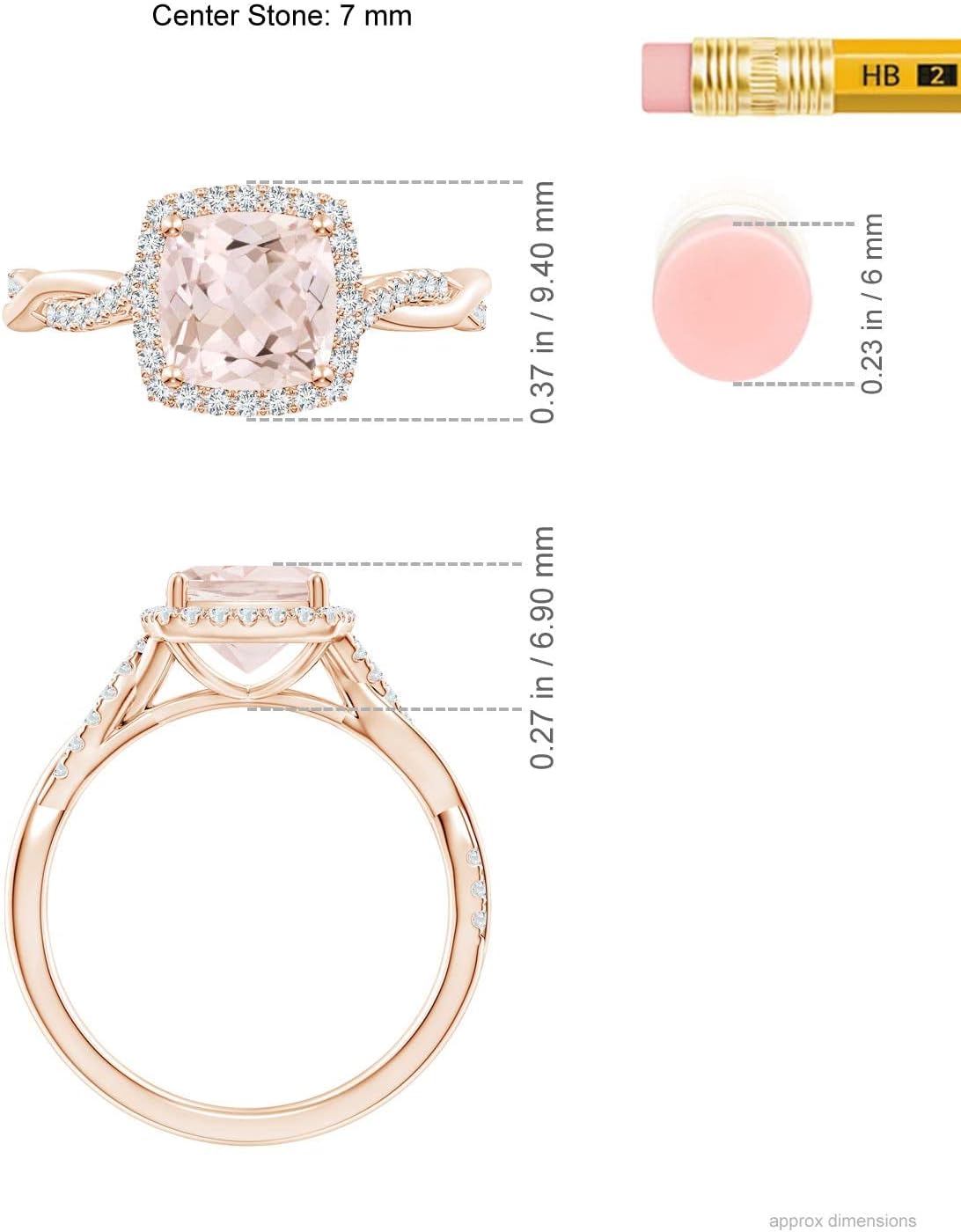 Angara Natural Morganite Engagement Ring for Women | Twisted Shank Cushion Morganite Halo Engagement Ring in Rose Gold | April Birthday, Gemstone Jewelry Gift | A | 7mm | Ring Size- 4