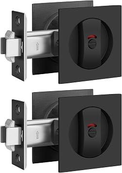 EHOMEWARE 2 Pack Matte Black Pocket Door Hardware, Keyless Privacy Pocket Door Handles, Pocket Door Latch with Red-Green Indicator, Square Recessed Door Handle for Sliding/Bifold Doors