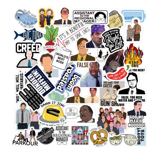 Image of CodersParadise 58-Piece Office & TV Show Stickers Pack | Waterproof, Residue-Free Vinyl Stickers for Laptop, Journal, Bike Helmet, Guitar & Mobile Case
