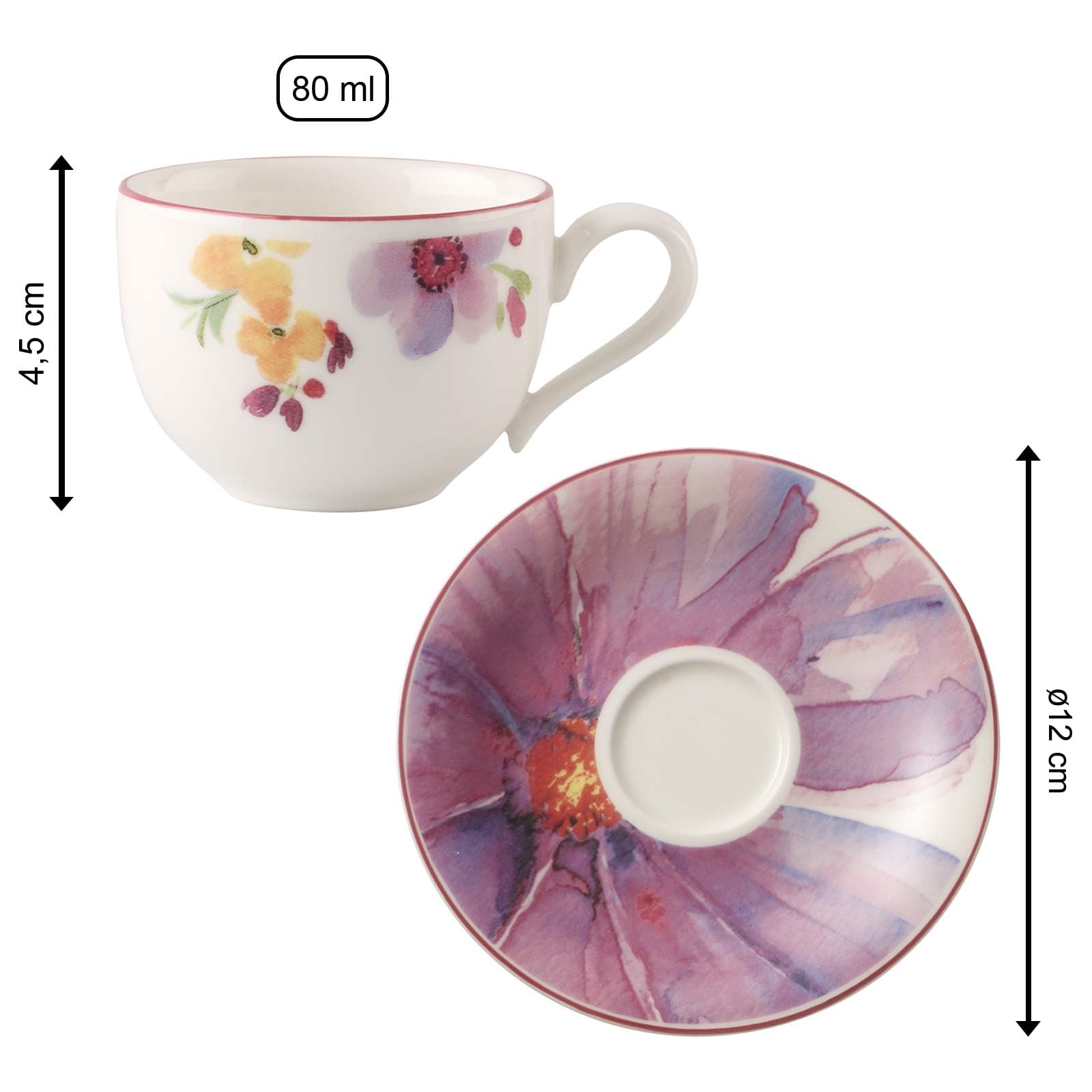 Villeroy & Boch Mariefleur Basic - Set di 6 tazze da caffè con piattino, 80 ml, motivo floreale, in porcellana premium
