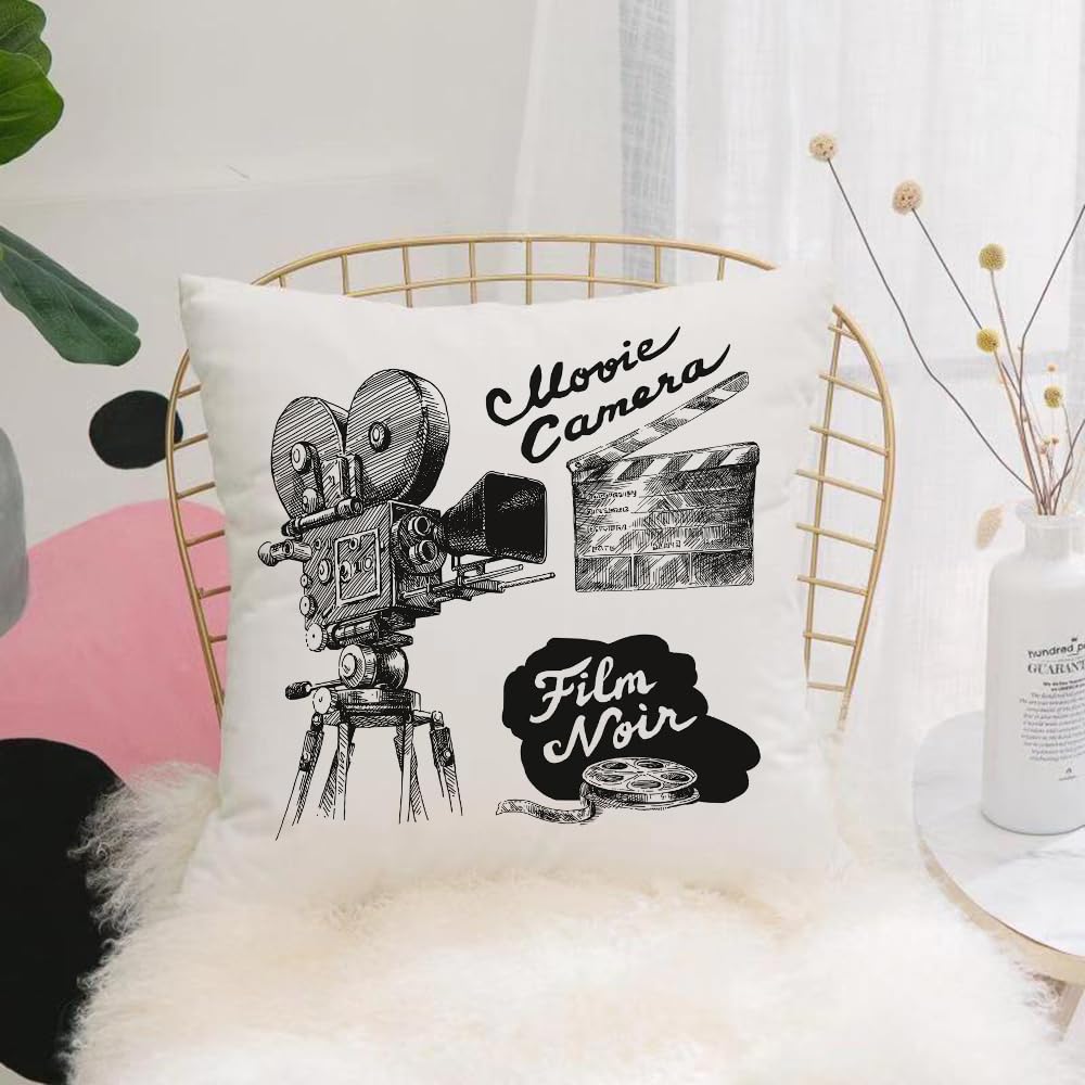 HYMSXW Cushion Cover,Throw Pillow Case Home Decorative for Living Room Bedroom Sofa Chair 20X20 Inch,Movie Theater,Antique Movie Camera Hand Drawn Style Art Film Noir Genre Themed,Pillowcase 50X50cm