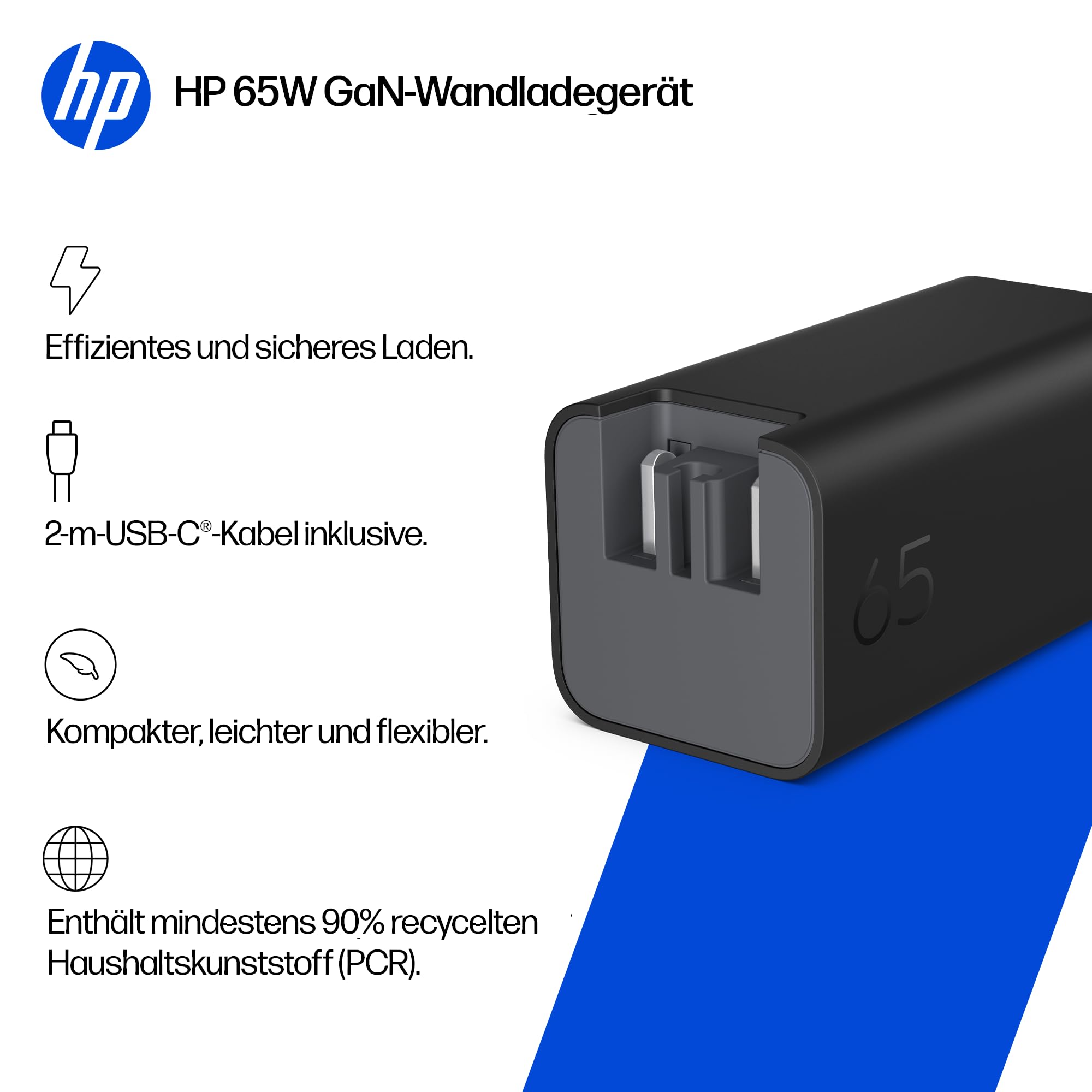 HP 65W GaN USB-C Laptop Ladegerät mit 2 m Ladekabel | Laptop, Tablet & Smartphone, Bis zu 65 W Leistung, USB-C Power Delivery, Breite Kompatibilität, Integrierter Hardwareschutz