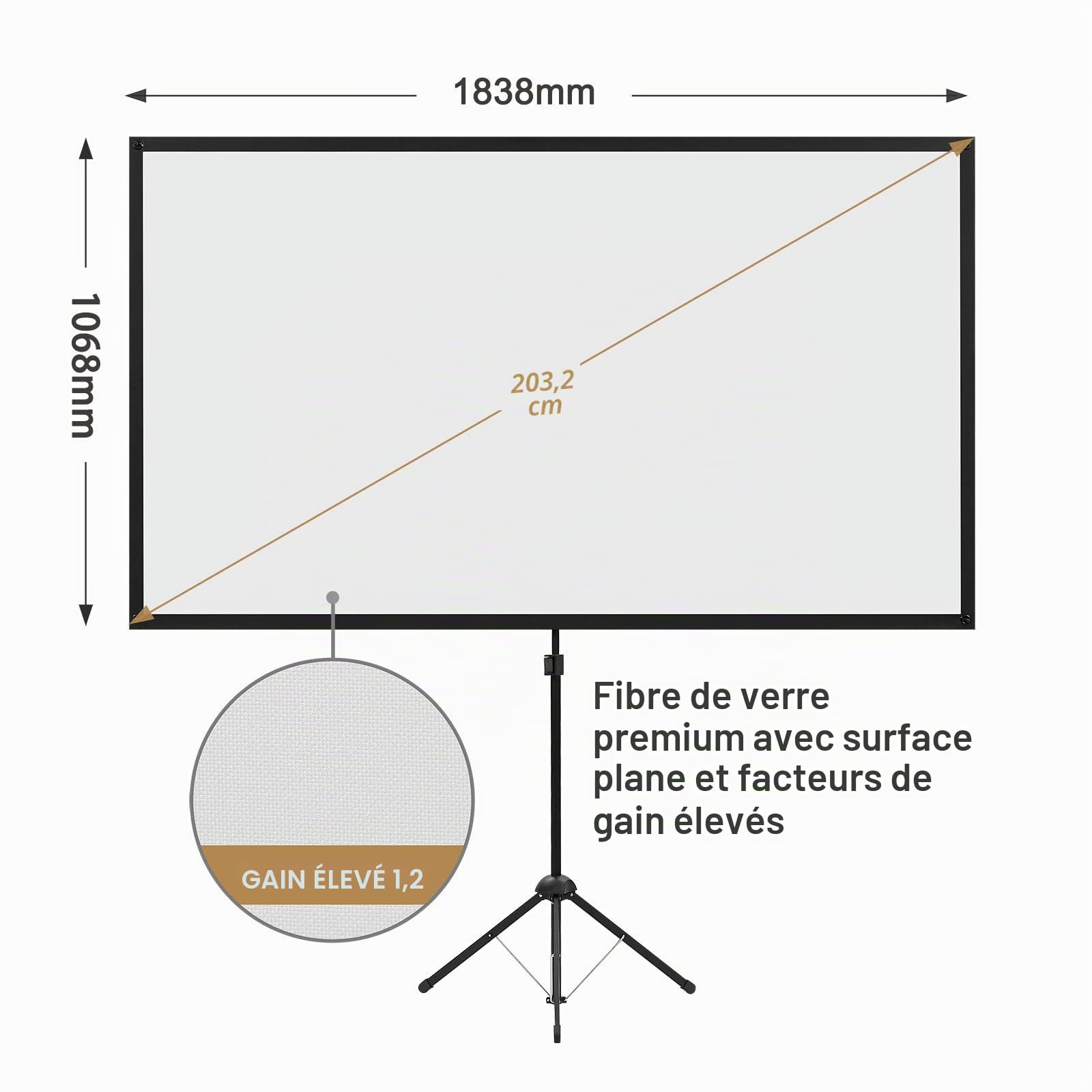 Écran de Projection avec Trépied, Écran de Projection Portable 80 Pouces, 16:9, Écran pour Projecteur 4K, léger, Facile à Installer, Idéal pour Le Cinéma à Domicile, Les Films Intérieurs/Extérieurs.