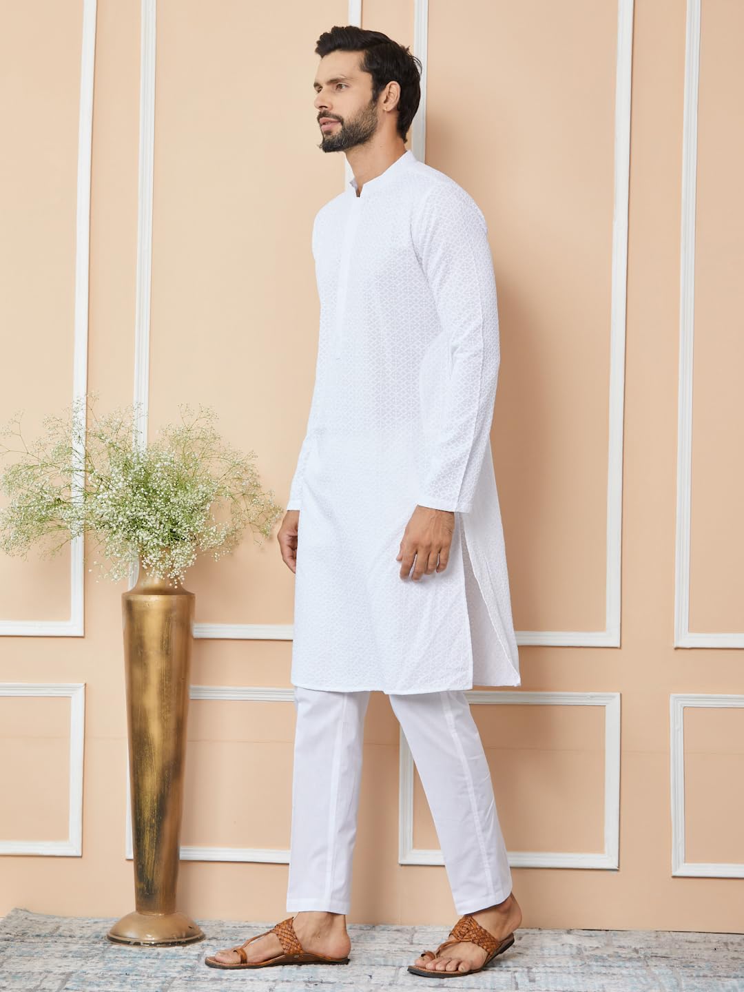See Designs Men's Long Sleeve Mandarin Collar Side Slit White Embroidered Chikankari Pure Cotton Straight Kurta - Sdkt2566Xs