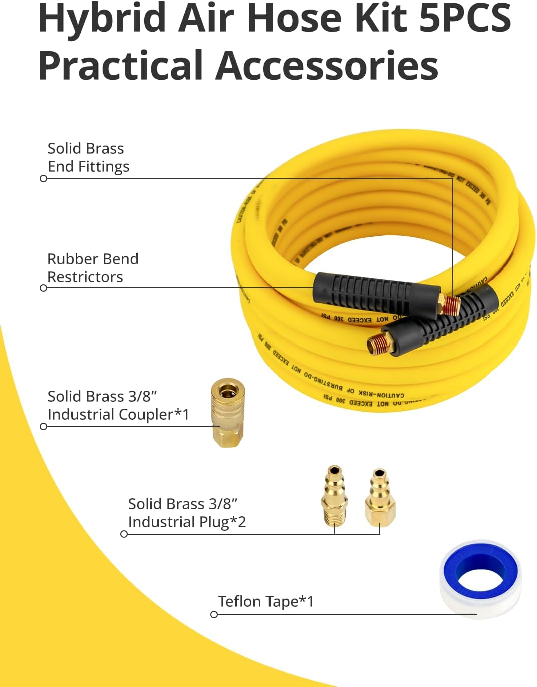 Hybrid Air Hose 3/8" x 25 FT, Air Compressor Hose with 1/4'' Brass Male Fittings and Bend Restrictor, Air Hose with Quick Coupler and I/M Plug, 300PSI