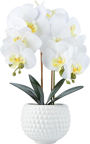 Hisow Orquídeas artificiales grandes, orquídeas artificiales blancas de 17 pulgadas con maceta de cerámica para decoración de sala de estar, planta