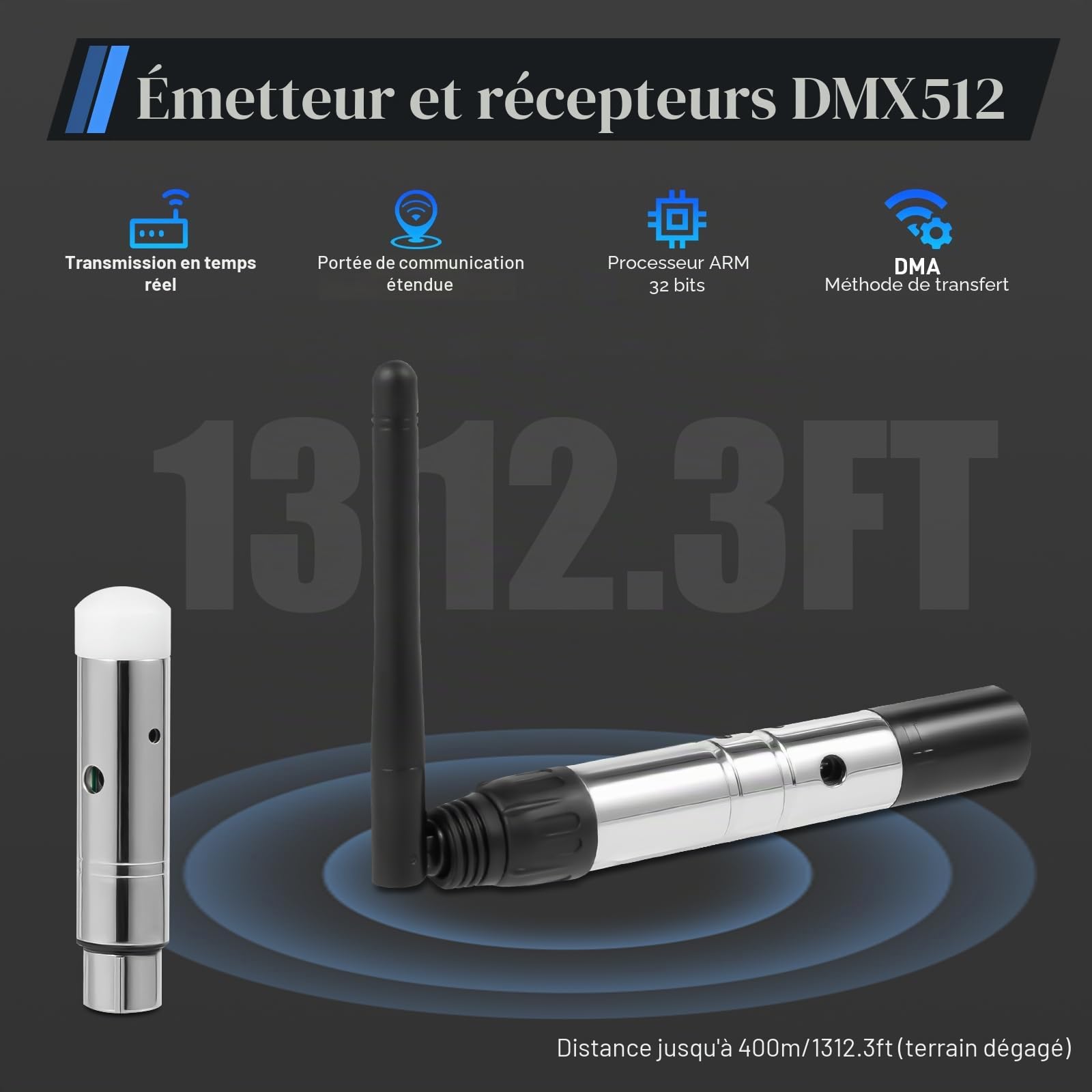DMX512 Transmetteur avec 7 récepteurs, contrôleur DMX sans fil 2,4 G ISM, éclairage LED, contrôleur de lumière DMX sans fil, effets de lumière de signal, contrôle sans fil pour DJ LED sur scène, bar,
