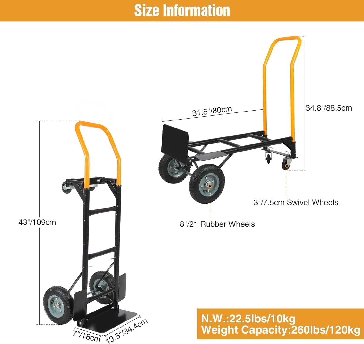 REDCAMP 2-in-1 Sackkarre, robust, 150 kg, zusammenklappbare Sackkarre | Umwandelbare Sackkarre, tragbarer 4-Rad-Dollywagen mit Drehgelenk, robuster Plattformwagen zum Umzug, 150 kg Kapazität, Gelb