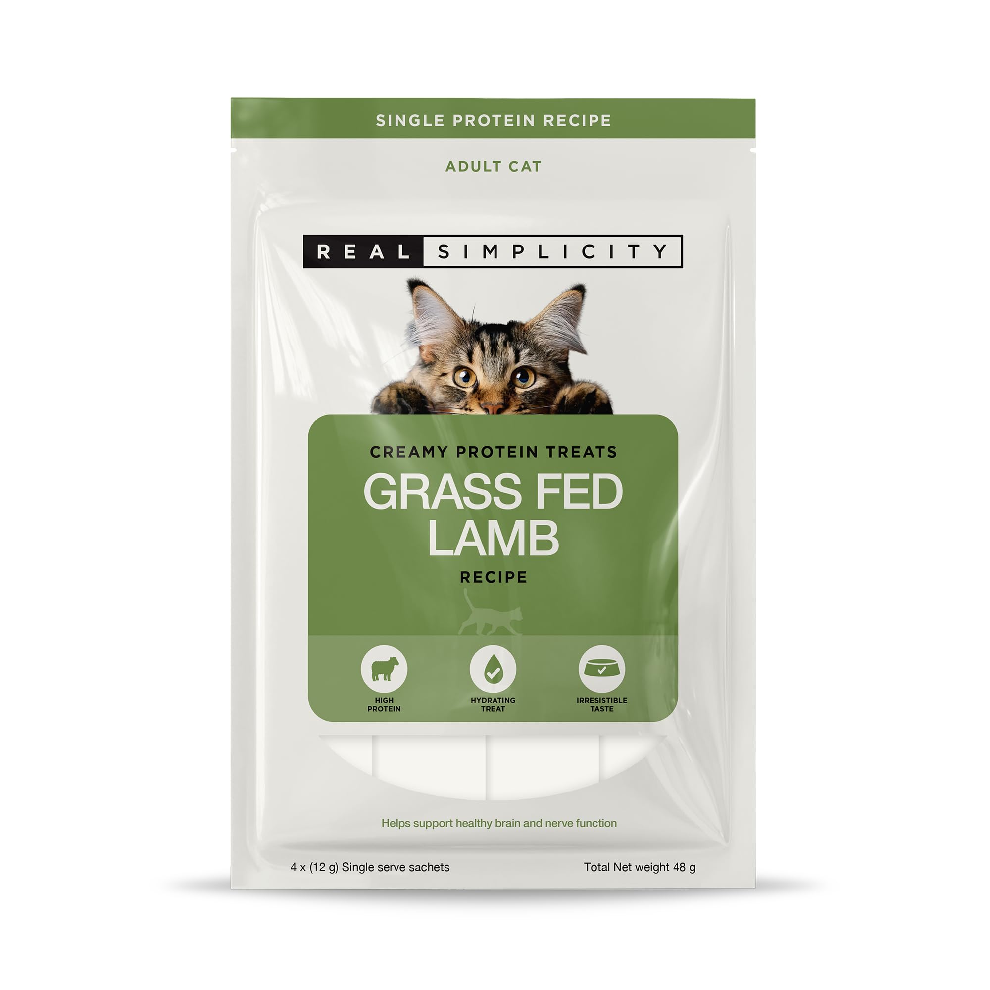 Real Simplicity Lickable Cat Treats for Adult Cats, Creamy Protein Treats with 45% Grass-Fed Lamb, Hydrating Snack & Meal Topper, Supports Brain & Nerve Function, 4 x 12g Sachets