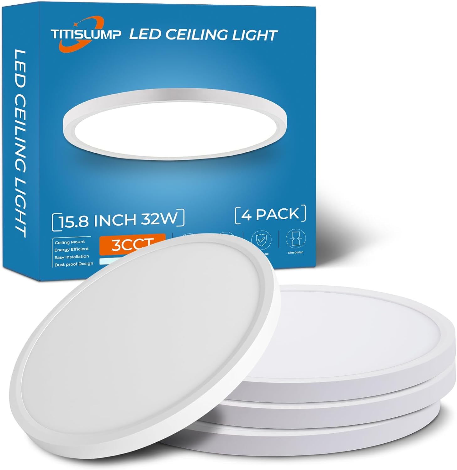15.8 Inch Large Dimmable LED Flush Mount Ceiling Light 4 Pack, 32W 3200LM Low Profile Ceiling Light with 3 CCT (3000K/4000K/5000K), 5%-100% Dimming, Ultra-Thin 0.8", for Bedroom, Kitchen & Office
