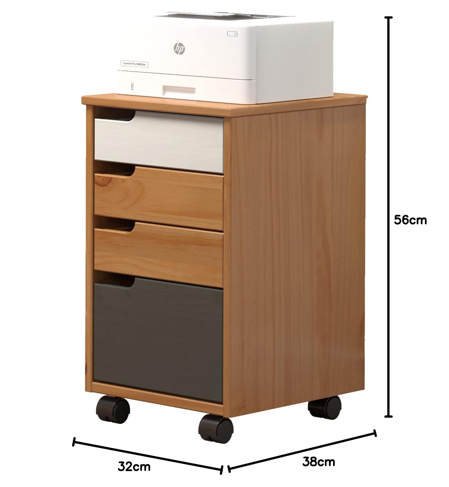 Inter-Furn 2044521B9 Rollcontainer, Kiefer Weiß/Grau/Honig, 32 x 56 x 38 cm