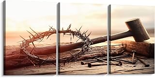 Weone Artwork 3 Panel Canvas Wall Art Crucifixion Sunset Cross Crown Thorns Hammer Bloody Nails Stretched & Framed Art Prints Modern Painting Wall Decoration Ready to Hang Unique Designed
