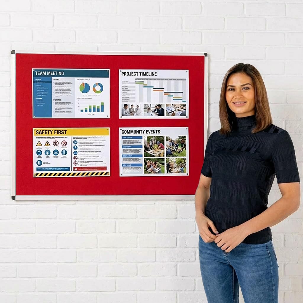 Wonderwall Premium Red Felt Noticeboard,120 x 90 cm, Anti-Fade Pinboard, Aluminium Frame with Concealed Corner Wall Fixings - Ideal for Office, School, Industry, Hubs, Healthcare โ image 1