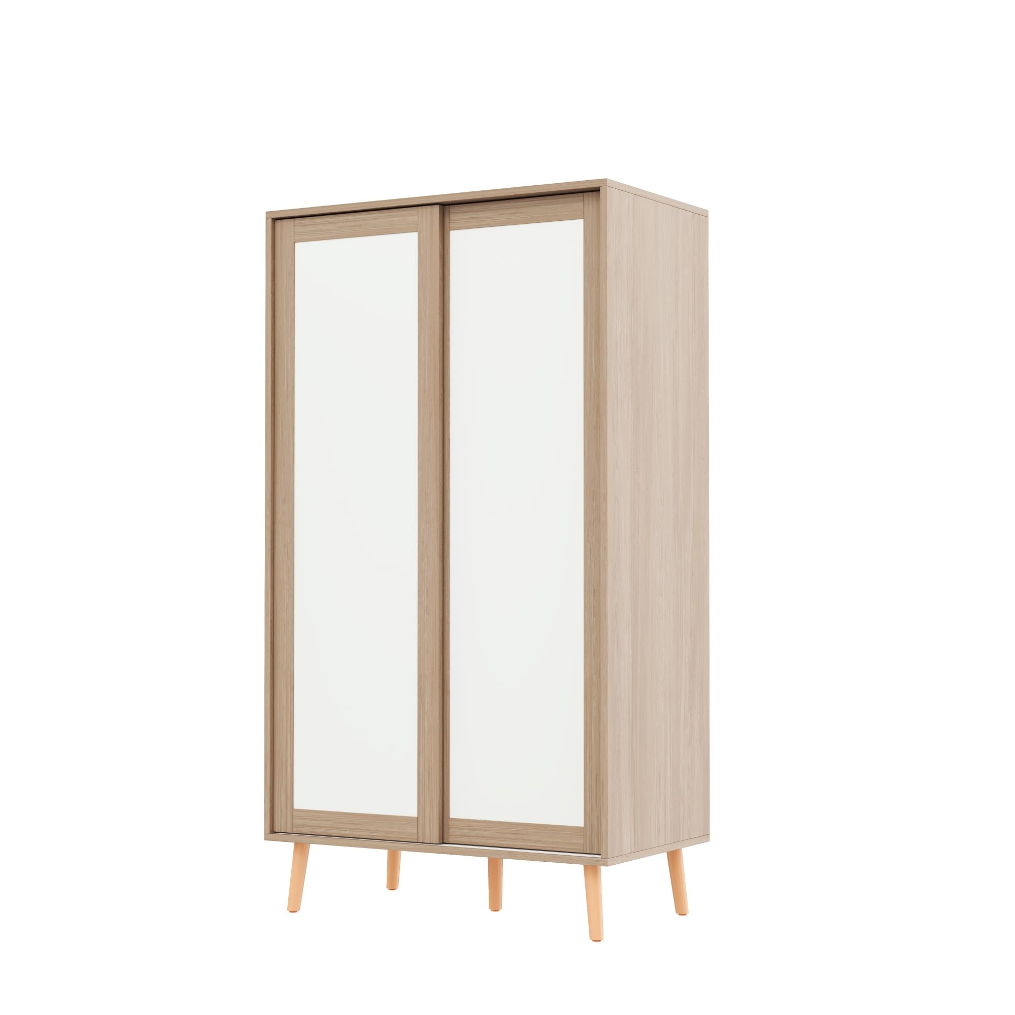 Armario para niños con puertas correderas con barra, material de aglomerado, patas de madera maciza, blanco y madera natural, 80 x 46 x 141,5 cm