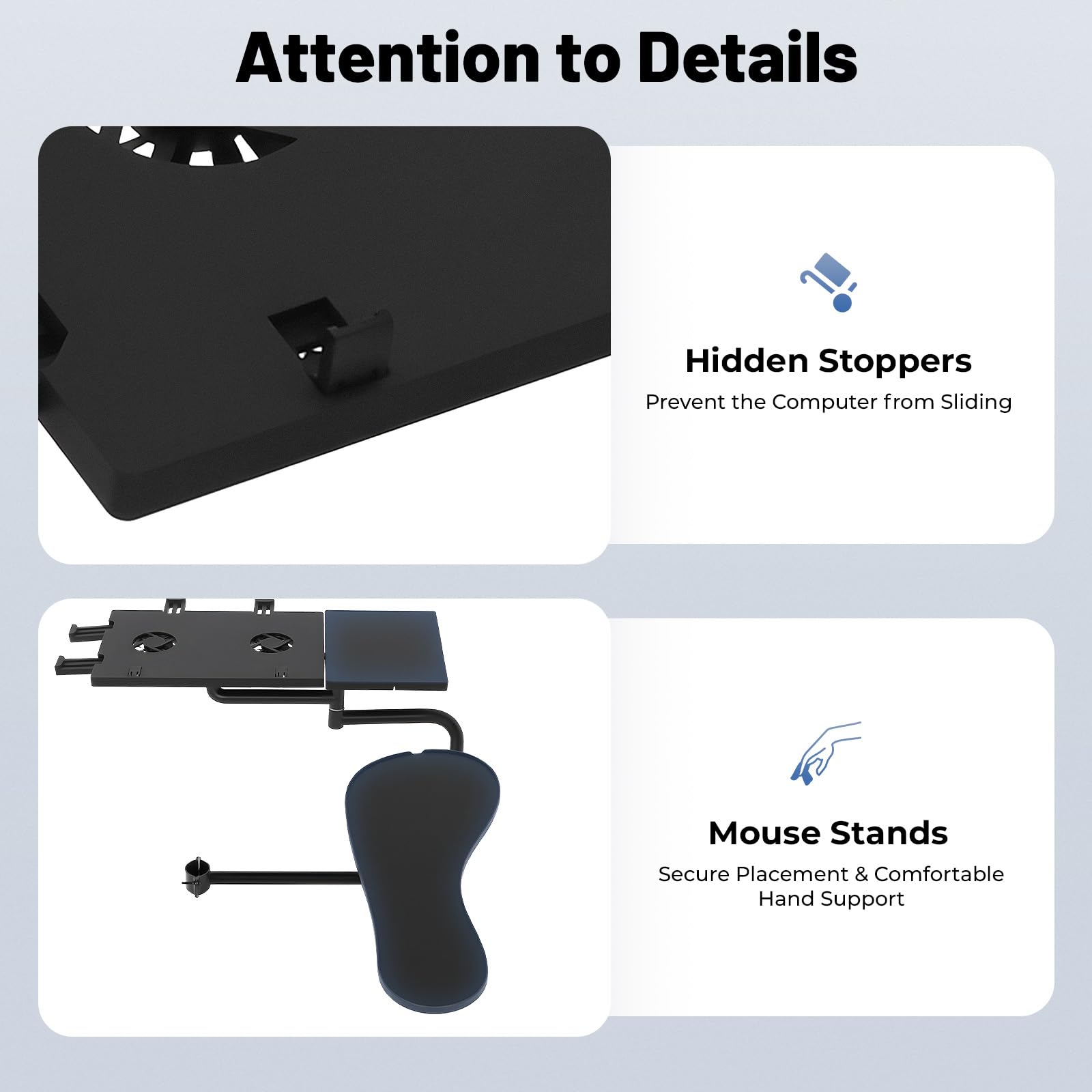 Supporto per tastiera con tappetino per mouse e bracciolo, supporto per tastiera mobile con 2 ventole, accessori per computer, altezza regolabile, larghezza per ufficio, ergonomia per 8-12