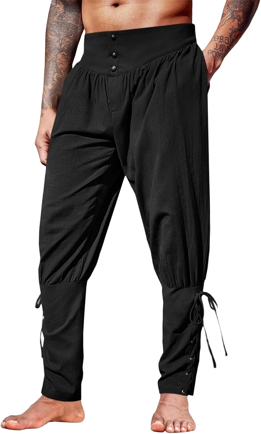 Mens Medieval Pirate Pants Renaissance Viking Ankle Banded Tapered Pants Lace Up Linen Trousers Halloween Costume