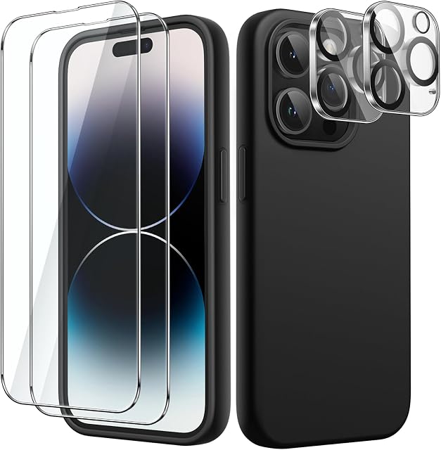 JETech 3 w 1 Silikonowe Etui do iPhone 14 Pro Max 6,7 Cala, z 2 Sztuki Ochraniacz Ekranu i Obiektyw Aparatu Ekran, Folia ze Szkła o Pełnym Pokryciu, Odporna na Wstrząsy Case (Czarny)