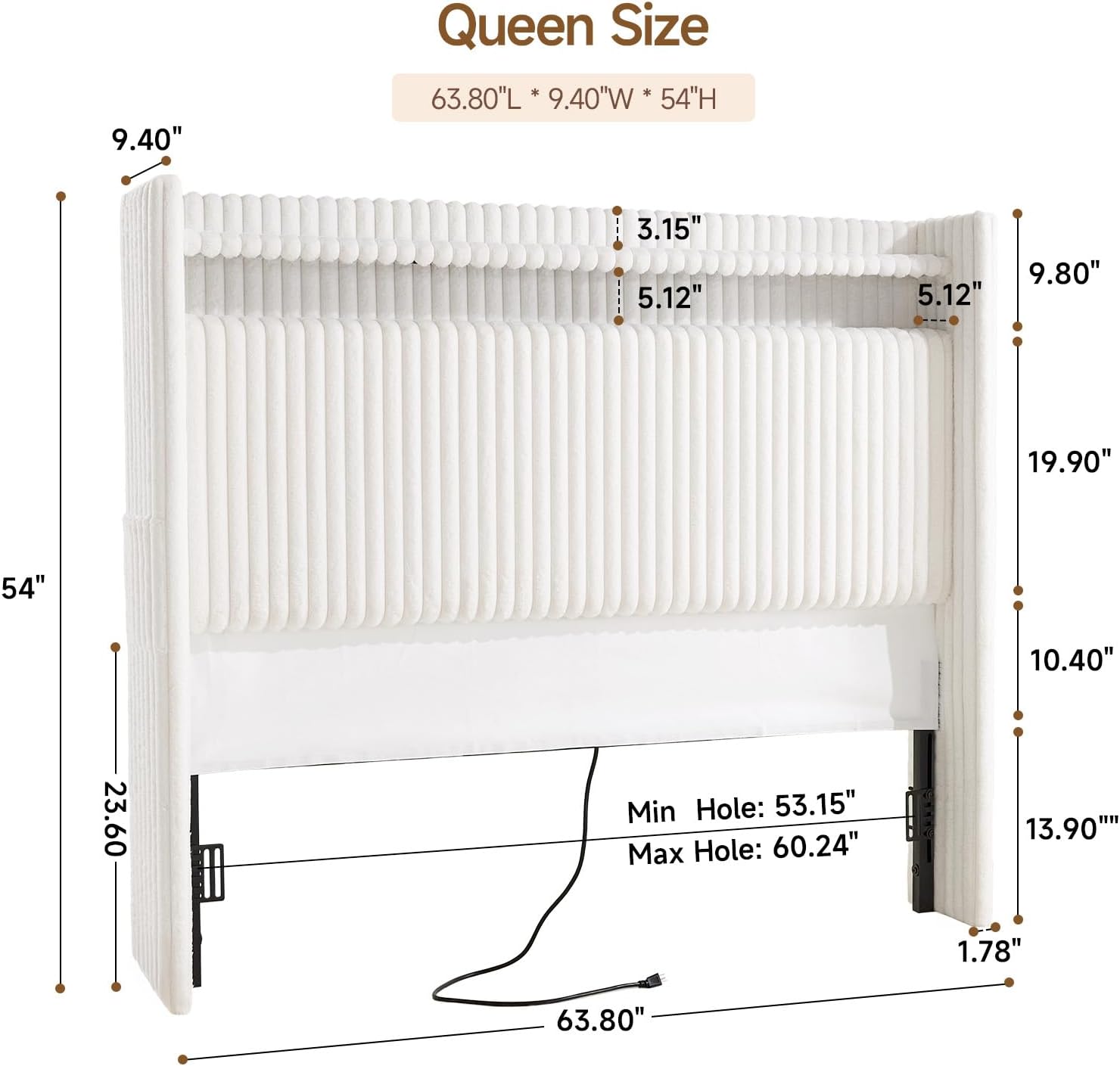ONBRILL 54" Tall Headboard Queen Size with Storage, LED Light, Corduroy Wingback Headboard with Charging Station, Upholstered Head Board Queen w/High-Density Sponge Padding, Storage Pockets, Off White