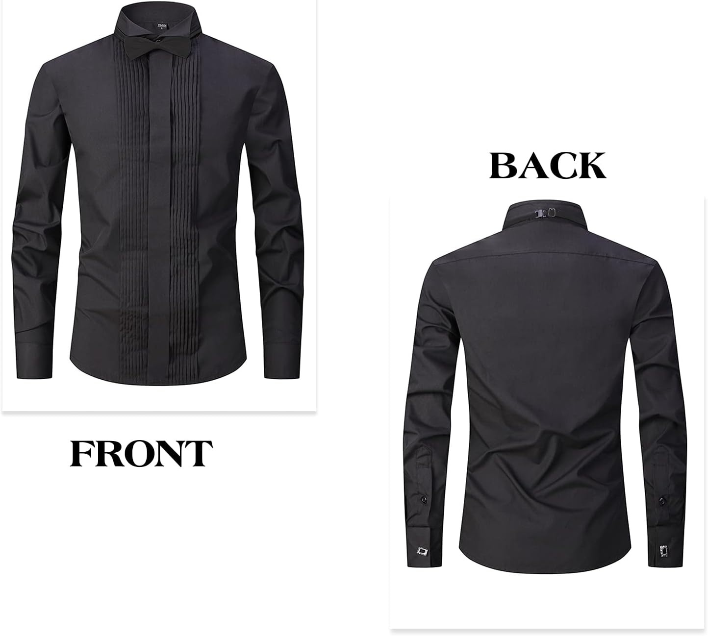 Men's Tuxedo Dress Shirt Wing Collar Front Pleat French Cuffs with 2 Bow Ties Button Down Shirts