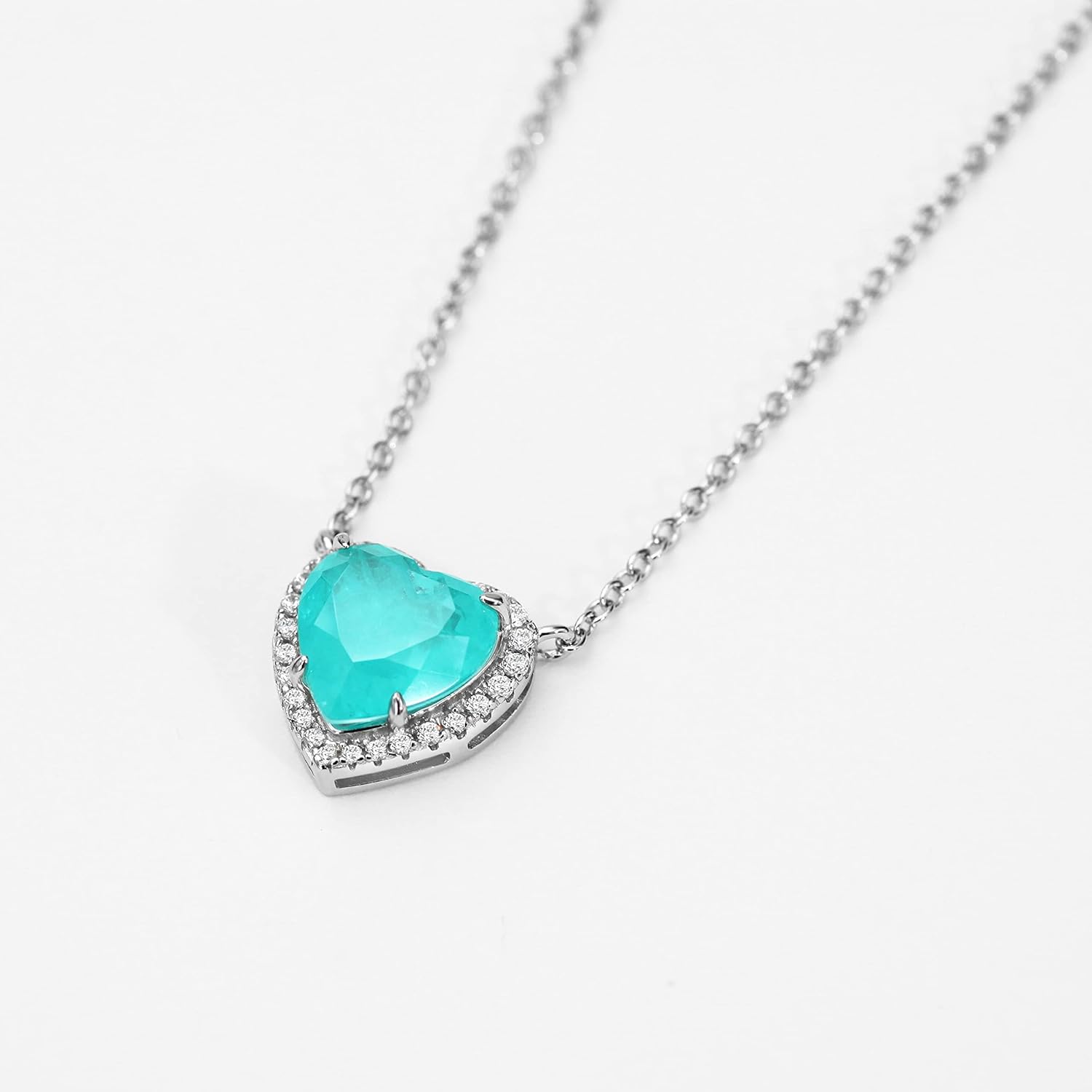 Michooyel Sterling Silver Paraiba Pendant Necklace, Heart-Shaped Tourmaline, 5ct, 16"-18" Chain, Women's Adult