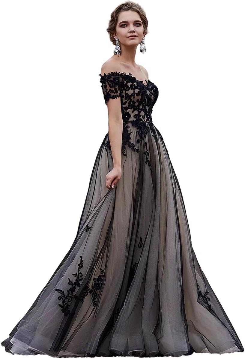 Black Wedding Dresses for Bride Off Shoulder Bridal Gown with Train Gothic Lace Appliques Wedding Gown
