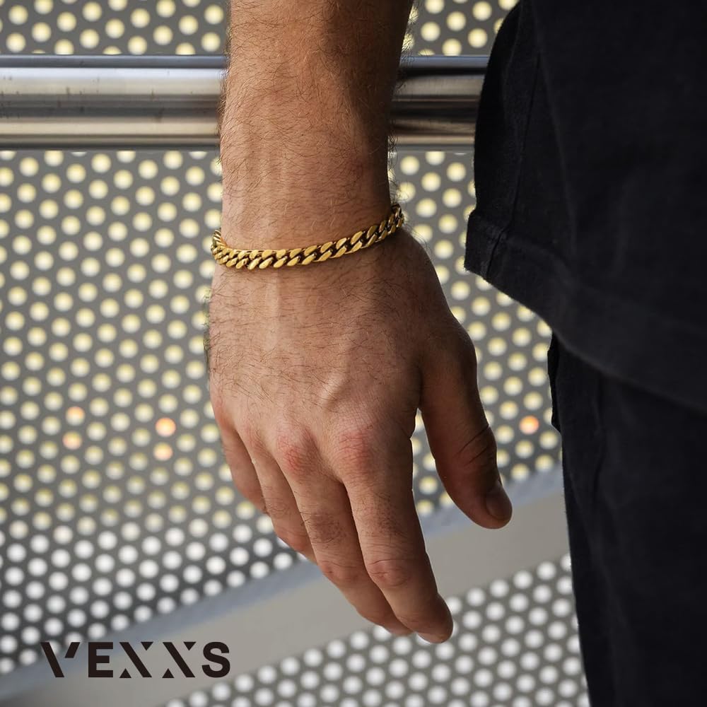 VEXXS Cuban Link Bracelet Flat Cut, 18K Real Gold Filled Stainless Steel Gold Bracelet, Durable No Color Fading 5mm 7mm Men’s Chain Bracelet Men’s Jewelry - Image 3