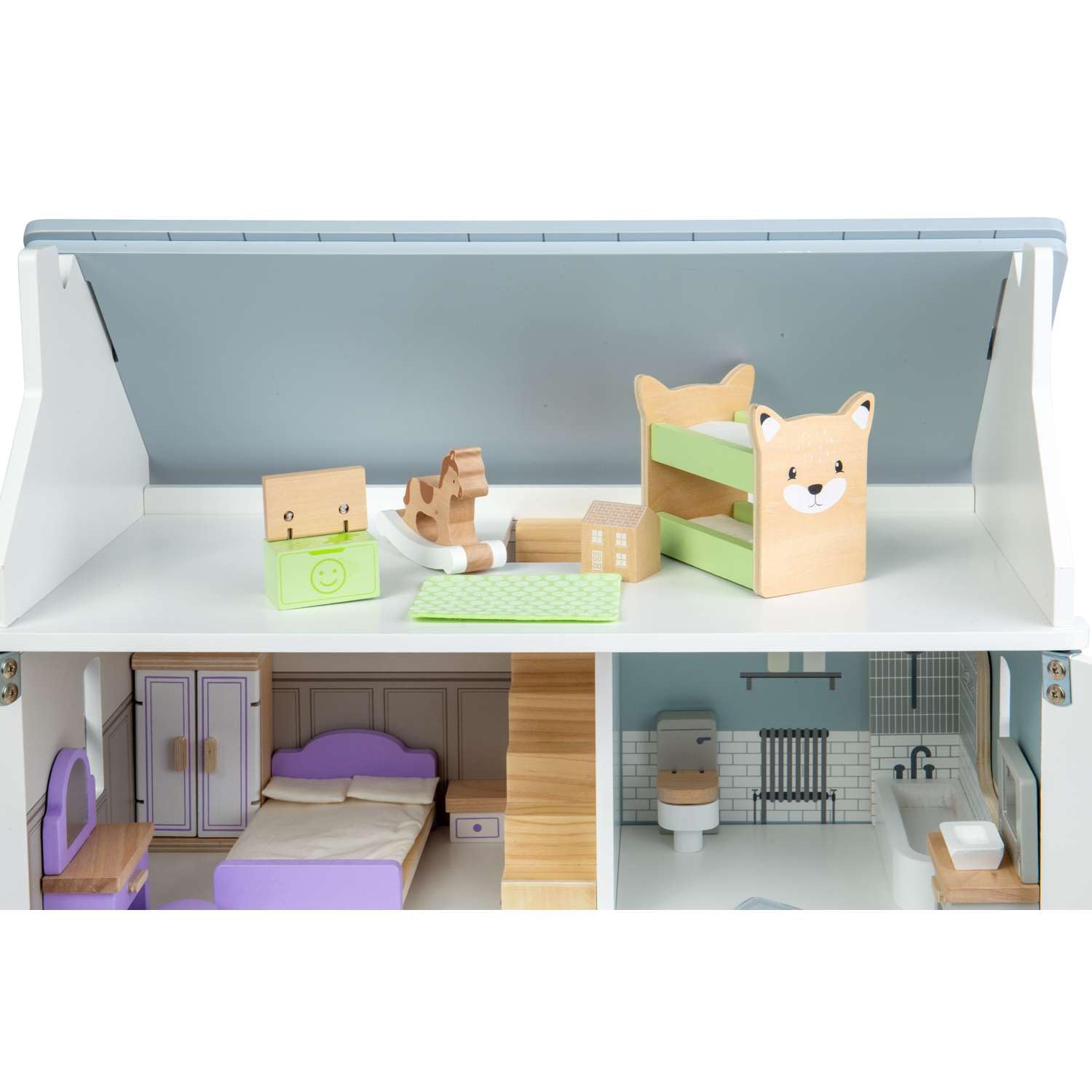 Bigjigs Toys Zestaw mebli do domku dla lalek | Drewniane akcesoria do domku dla lalek | Zestaw 31 figurek domku dla lalek | Zestaw zabawek do salonu, łazienki, kuchni i