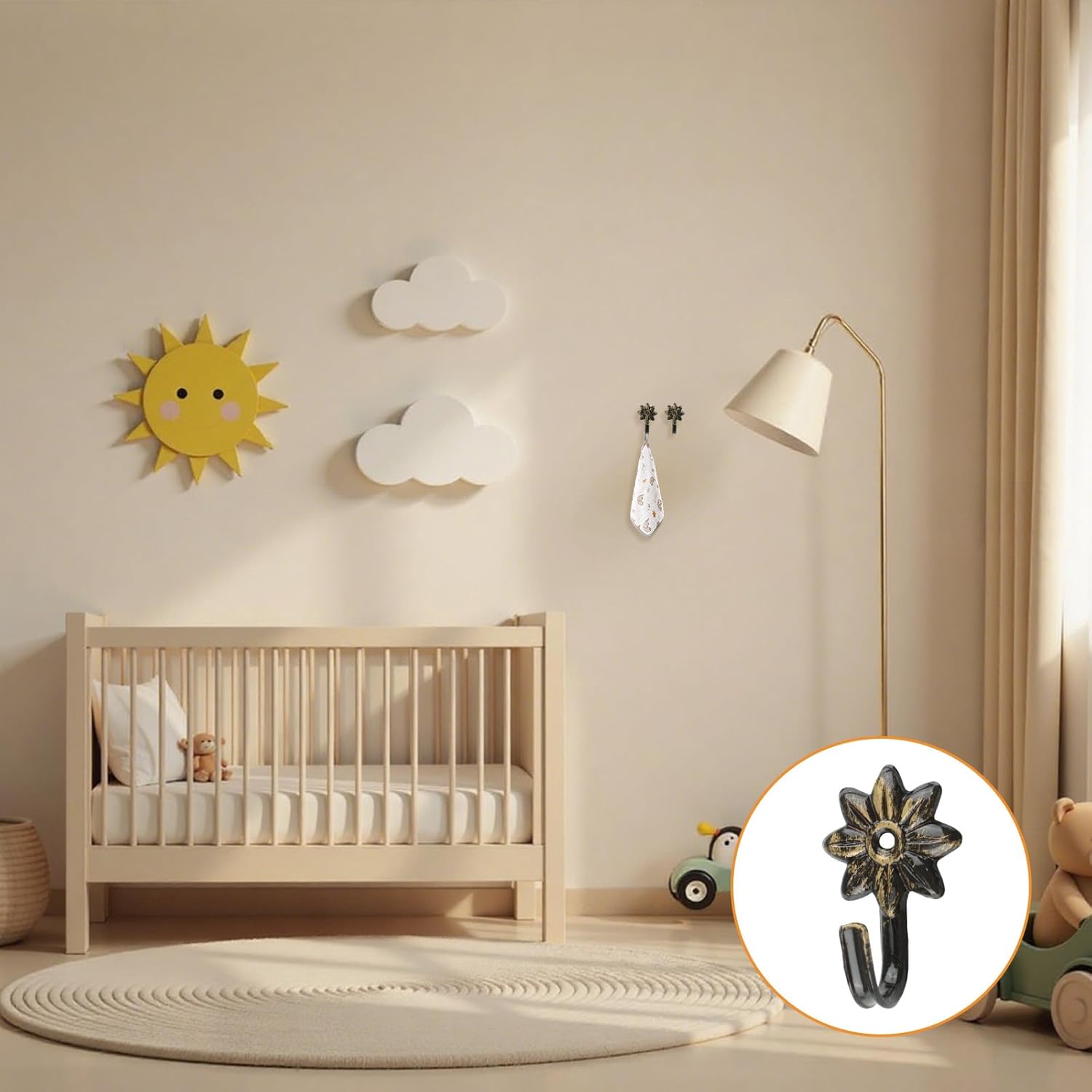 MOROBOR Flower Decorative Wall Hooks, 4 pcs Retro Flower Shaped Curtain Hooks Creative Utility Heavy Duty Wreath Wall Mounted Hook for Hanging Scarves Towels Keys Bags Hats/Brown
