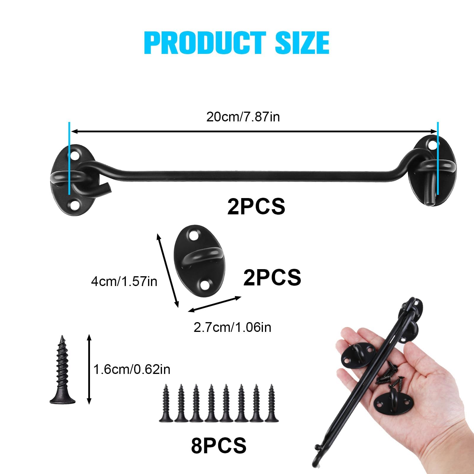 2PCS 8 inch Hook and Eye Latch Metal Door Look Gate Latches, Stainless Steel Shed Lock, Heavy Duty Solid Thicken Gate Hook with Mounting Screws for Sliding Door Outdoor Window Wooden(Black) - Image 2
