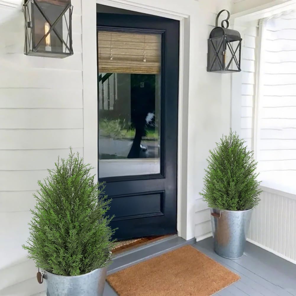 Briful 27'' Artificial Cedar Topiary Trees, 1 Pack Realistic Faux Cypress Outdoor Plants, Fake Front Porch Trees, UV Protection Patio Trees in White Pot for Outside