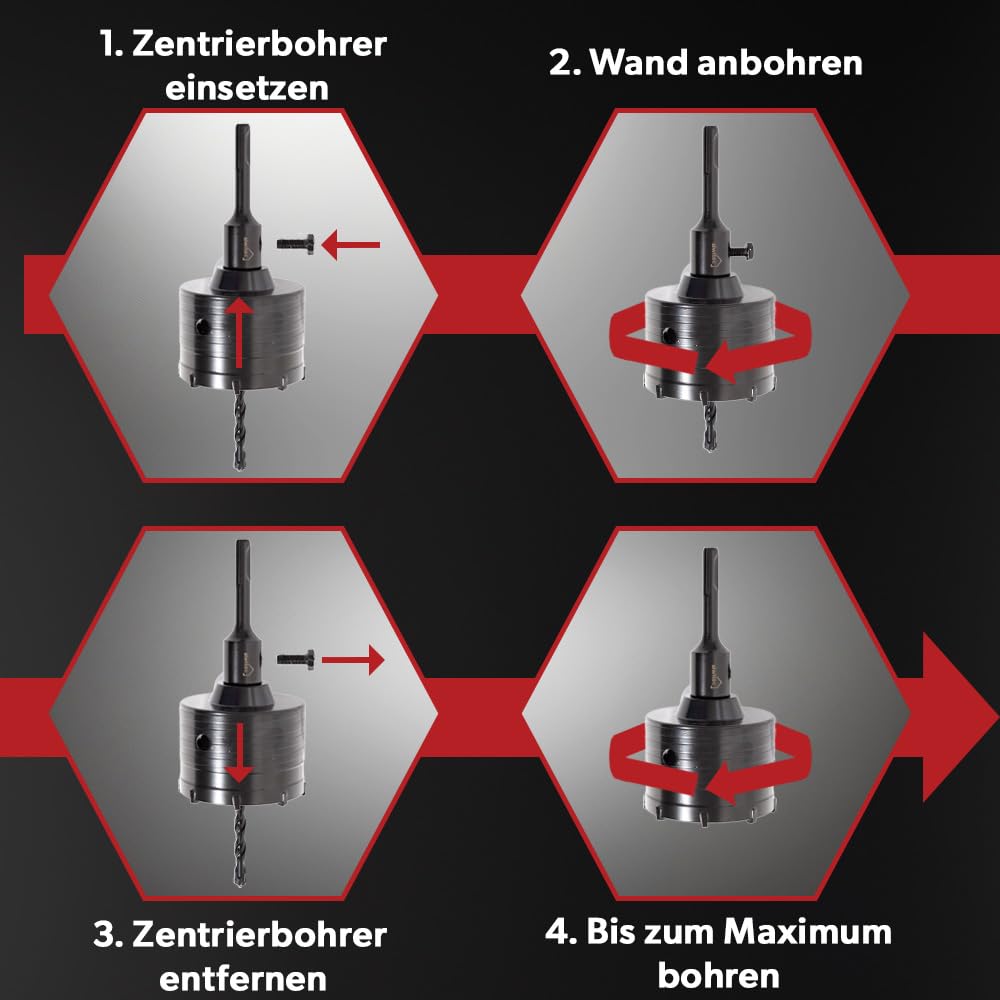 siwitec SDS Plus Hartmetall Bohrkrone 68mm mit Zentrierbohrer und Standard Bit, Steckdosenbohrer für Mauerwerke & Unterputz, Dosenbohrer für Unterputzdosen, Hohl-Bohrkrone für Beton, Stein und Ziegel