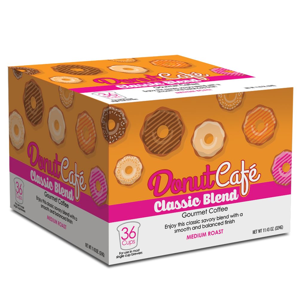 Donut Café - Coffee Gourmet Pods, Classic Blend, Medium Roast – Non-GMO, Gluten Free – Compatible with Keurig K Cup Brewers – Smooth & Delicious – 36 Count