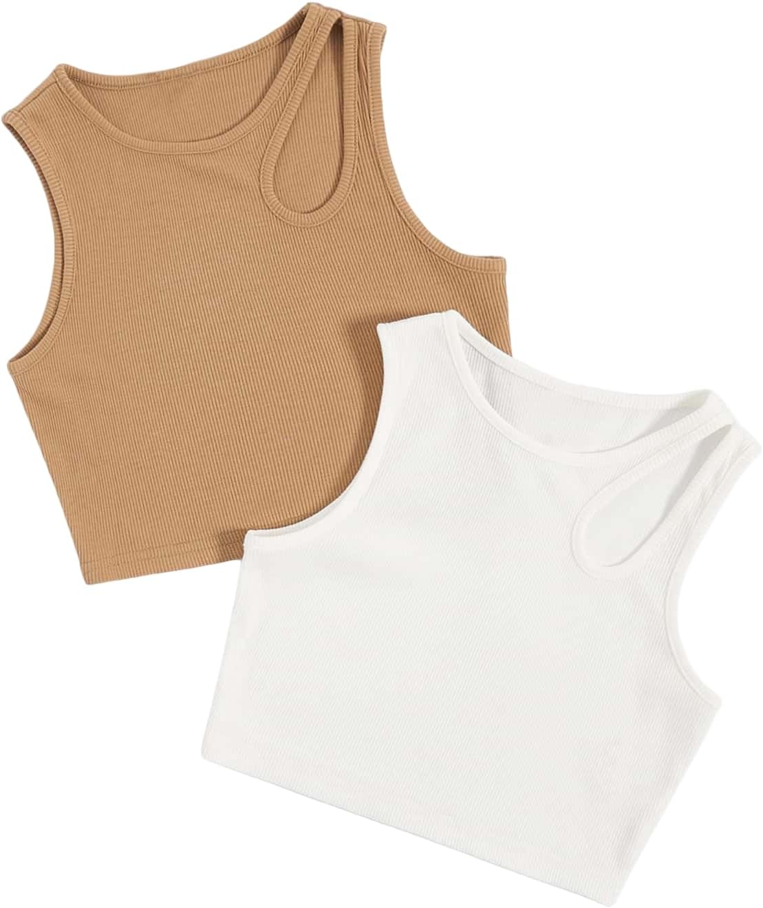 Milumia Girl's 2 Pack Tank Top Ribbed Knit Cut Out Sleeveless Crew Neck Basic Crop Tops
