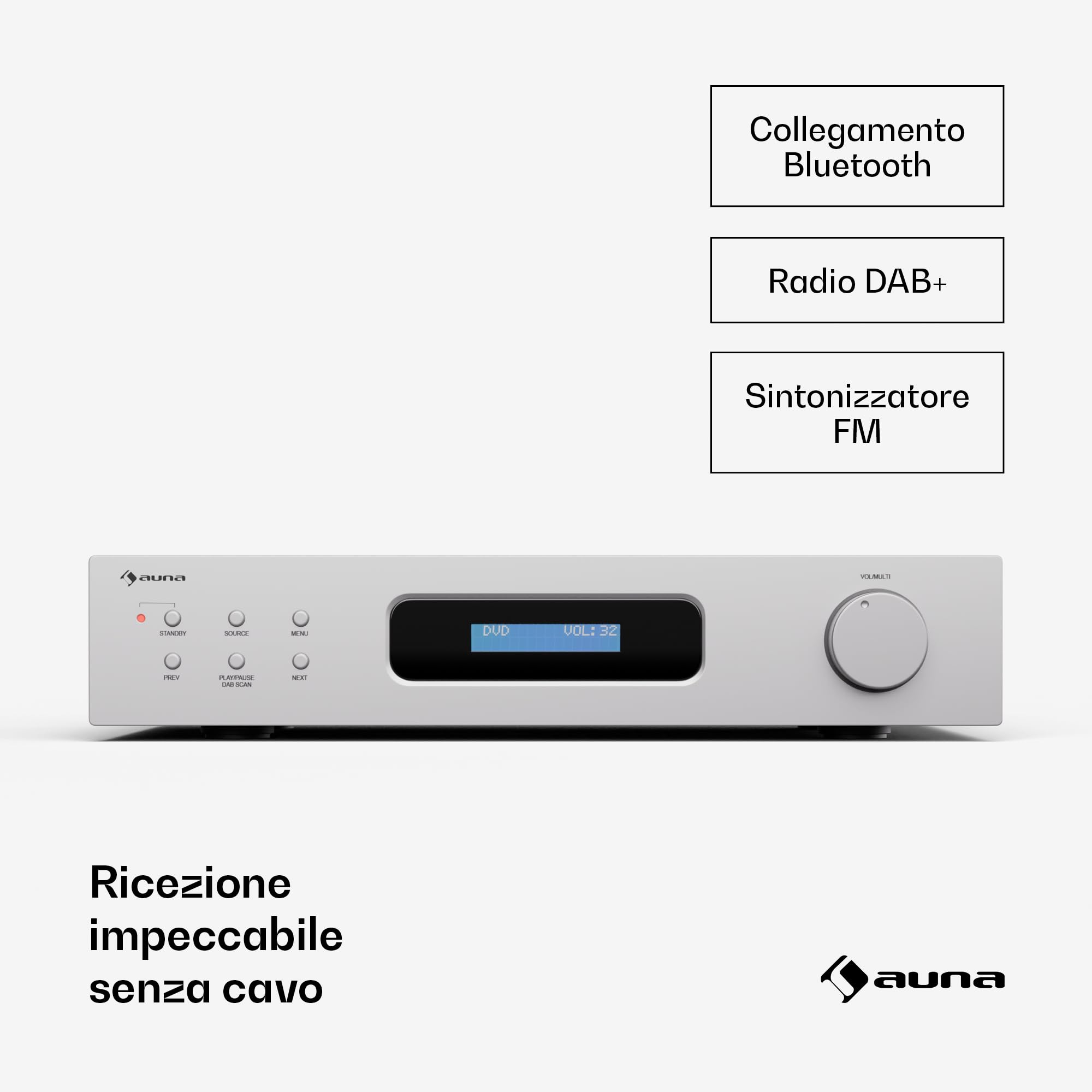 Auna Art22 - Amplificatore HiFi Bluetooth & Radio DAB+, 2x60W, Stereo, Ingressi Ottici & Coassiali, FM, CD/DVD, Telecomando, Design Compatto, Bianco-Argento