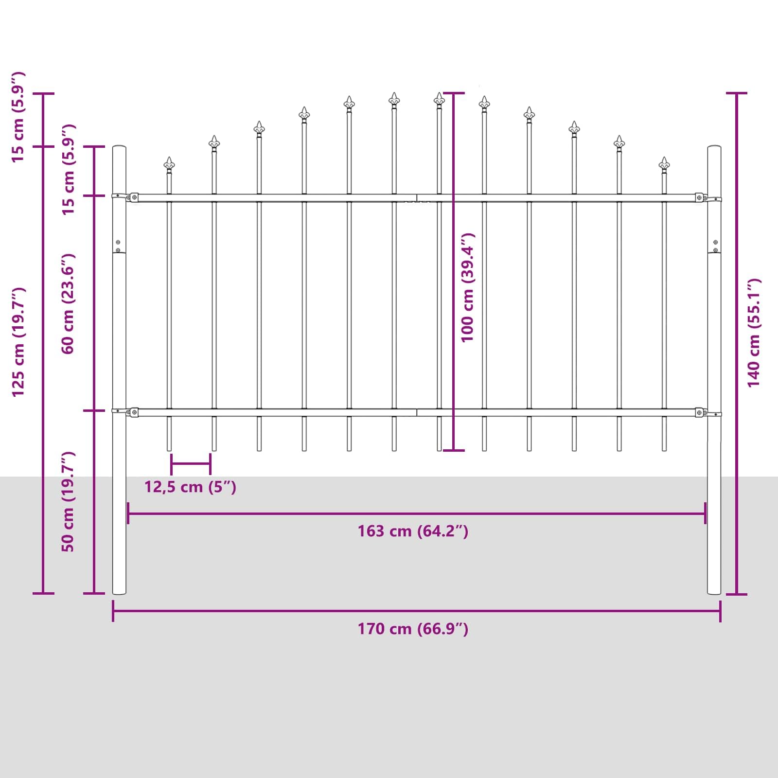Recinzione per Giardino in Acciaio Verniciato WOERDEN 170 x 140 cm Grigio Resistente all'acqua per Esterni, Barriera di Sicurezza e Divisorio in Metallo per Cortile, Terrazzo e Aiuola